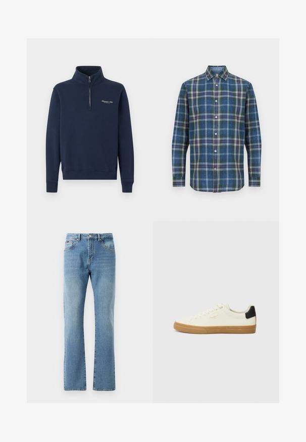 Sudadera azul marino con cremallera hasta un cuarto del cuello, con puños y dobladillo acanalados, y texto pequeño bordado en blanco en el pecho izquierdo.; Camisa de hombre de manga larga con botones, con patrón de cuadros en verde, azul, gris y naranja, y cuello puntiagudo.; Jeans de mezclilla de color azul claro con un corte recto, cinco bolsillos y un desgaste sutil. Presentan una cintura clásica y dobladillo recto en los tobillos.; Zapatilla de lona blanca con suela de goma, acento negro en el talón, punta redonda y diseño con cordones. Presenta el logo de la marca en dorado en el lateral.