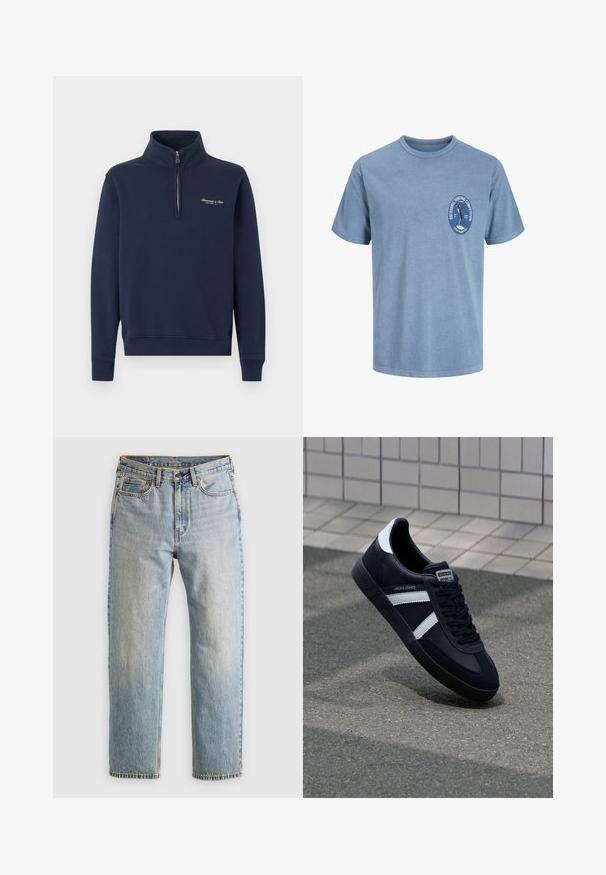 Marineblå quarter-zip sweatshirt med ribstrikkede manchetter og kant, med lille hvid broderet tekst på venstre bryst.; Lyseblå kortærmet T-shirt med lille brystlogo, der viser en surfer og teksten '"Big Barrel Surfing Competition, Local Members Only."'.; Lysblå denim jeans med høj talje, frontknap, lynlås og fem-lomme design, lagt fladt på en neutral baggrund.; Sort lædersneaker med hvide striber, tekstureret gummisål og snørrebånd foran. Har et brandet mærke på tungen.