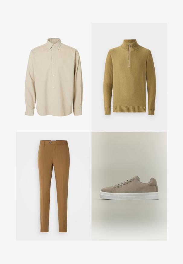 Olijfgroene gebreide trui met een hoge geribbelde kraag, een halve rits aan de voorkant en geribbelde manchetten en onderrand. Glad textuur, casual ontwerp.; Beige overhemd met lange mouwen, knopen, puntige kraag en knoopmanchetten, afgebeeld tegen een effen witte achtergrond.; Bruine op maat gemaakte broek met een rechte pasvorm, voorzien van een ritssluiting aan de voorkant, knoopsluiting en twee zijzakken voor functionaliteit.; Beige suède lage sneaker met witte rubberen zool en bijpassende beige veters op een neutrale achtergrond.