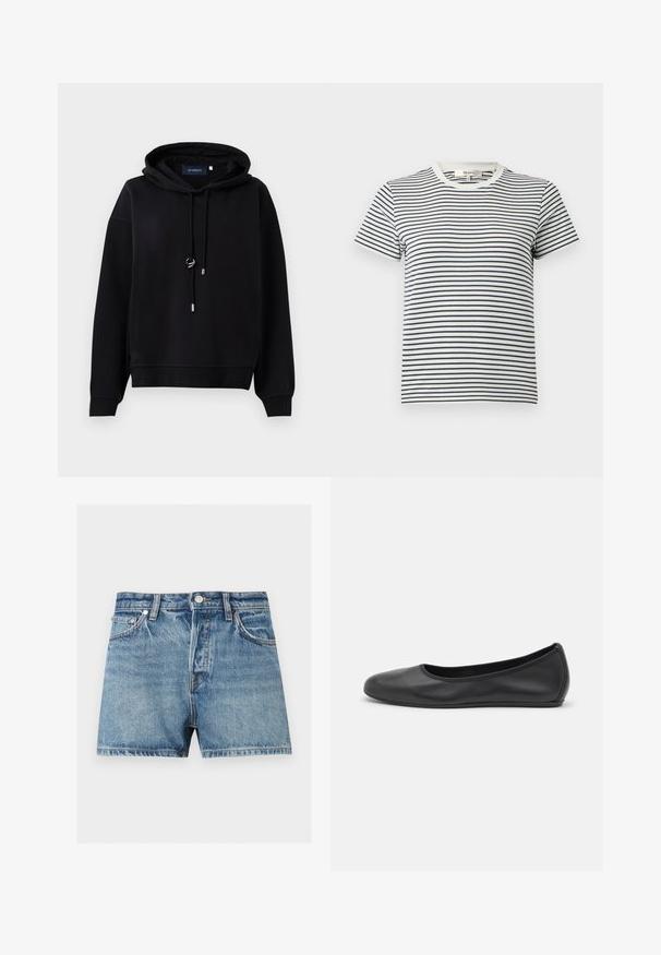 Hoodie noir en tissu doux, avec une capuche à cordon de serrage, des accents en métal argenté, des bords côtelés et un design décontracté.; T-shirt rayé en blanc et bleu marine avec des manches courtes et un col rond. Présente des rayures horizontales de différentes largeurs. Matériau en coton doux.; Short en denim bleu avec bouton à l'avant, passants de ceinture, poches avant et coutures visibles sur un fond uni clair.; Ballerines en cuir noir avec un bout rond, texture lisse, détails de couture minimalistes et design de semelle flexible.