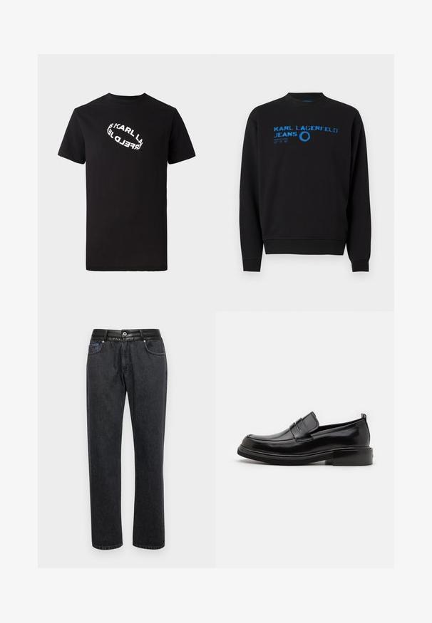 Sudadera negra con cuello redondo, mangas largas y texto gráfico azul con el nombre de la marca y detalles del diseño en la parte frontal.; Camiseta de algodón negra con mangas cortas y cuello redondo. Presenta un texto de logo distorsionado en blanco impreso en el frente.; Jeans de denim negro con un corte recto, que cuentan con una cinturilla de cuero suave, bolsillos frontales y detalles de costura sutiles.; Calvin Klein MOCCASIN - Mocasines elegantes - black