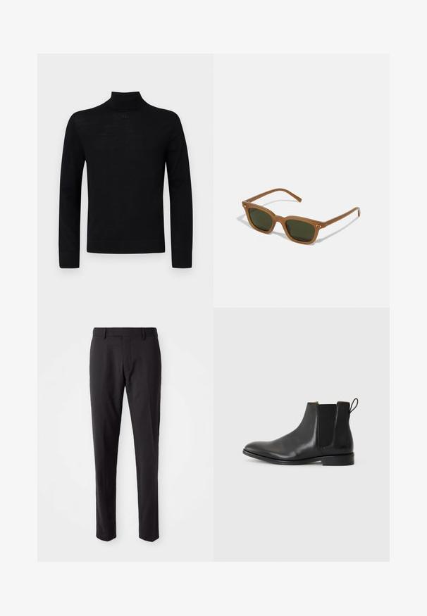 Zwarte coltrui gemaakt van zachte stof, met lange mouwen en een aansluitende silhouet met een klein rond accentdetail bij de hals.; Zwarte op maat gemaakte broeken met een platte voorkant, slim fit, riemlussen en een soepele textuur. Geschikt voor formele of zakelijke kleding.; JOOP! PERO KLEITOS CHELSEA - Lage laarzen - black; Bruine acetaatsunglasses met donkergroene lenzen, rechthoekige vorm en gouden accenten op de pootjes. Gladde textuur, minimalistisch ontwerp.