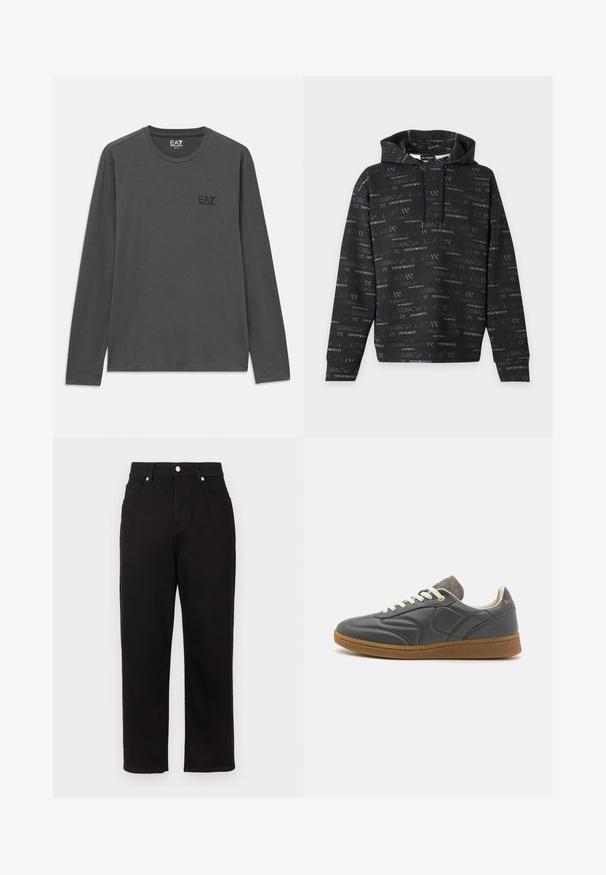 Čierna mikina s kapucňou a dlhými rukávmi, so vzorom malého strieborného textu "EMPORIO ARMANI" po celej ploche a nastaviteľnými šnúrkami.; Tmavošedé tričko s dlhým rukávom a okrúhlym výstrihom s malým logom EA7 Emporio Armani na ľavej hrudi.; Čierne denimové nohavice so strihom rovného nohavice, s vysokým pásom, prednými vreckami a striebornými kovovými doplnkami na páse.; Tmavošedé kožené tenisky s okrúhlou špičkou, bielymi šnúrkami, pieskovou gumovou podrážkou a jemnými šedými látkovými akcentmi na golieri. Zlatý detail loga.