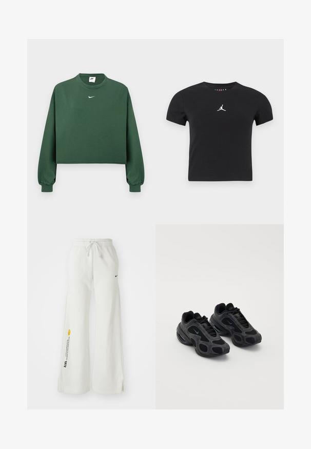 Sweat-shirt vert court en coton avec un col rond et des poignets élastiques, arborant un petit logo Nike blanc sur la poitrine.; T-shirt cropped à manches courtes noir avec le logo Jumpman blanc centré sur la poitrine, sur un fond uni.; Pantalons de survêtement blancs à jambes larges avec une taille élastique, un cordon de serrage, des fentes latérales, un logo Nike noir et du texte graphique jaune contrastant.; Baskets Nike noires avec des panneaux en maille et en daim, des découpes uniques et des colliers rembourrés. Des accents brillants sur les côtés mettent en valeur un design moderne.