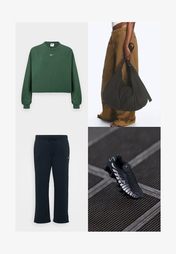 Kort grøn sweatshirt lavet af bomuld med rund hals og elastiske ærmekanter, med et lille hvidt Nike-logo på brystet.; Sorte sweatpants med elastisk talje og justerbar snor. Har et lille hvidt Nike-logo på venstre side. Blød stofstruktur.; Sort atletisk sko med tekstureret mesh-overdel, sølv accenter, svangstøtte og polstret sål med en fremtrædende segmenteret design.; Person iført brune vidde bukser og hvid top holder en stor sort blød håndtaske i remmen ved siden.