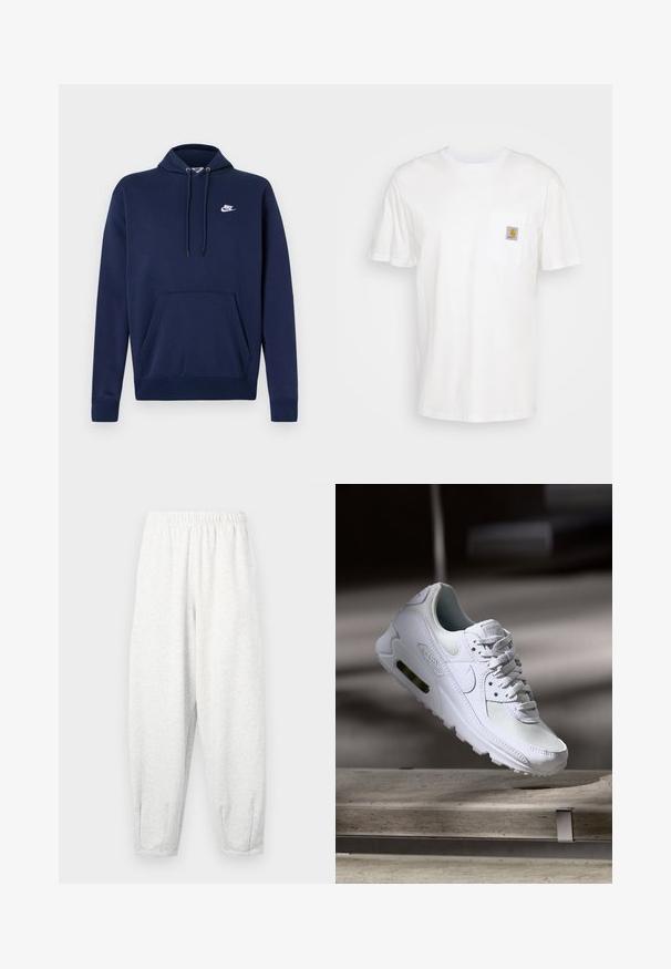 Marineblauer Kapuzenpullover aus Baumwollmischung, mit einer Fronttasche und einem weißen gestickten Logo auf der linken Brust. Kapuze mit Kordelzug.; Weißes Baumwoll-T-Shirt mit kurzen Ärmeln, einer Brusttasche und einem kleinen quadratischen Logopatch in Orange und Weiß auf der Tasche.; Hellgraue Sweatpants aus weichem Stoff, mit einem elastischen Bund, schmal zulaufenden Beinen und Fußbündchen. Einfaches Design ohne Muster.; Weiße Nike Air Max 90 Sneaker mit einem Obermaterial aus Mesh und Leder, durchlässigem Zehenbereich und einer sichtbaren Air-Einheit in der Ferse.