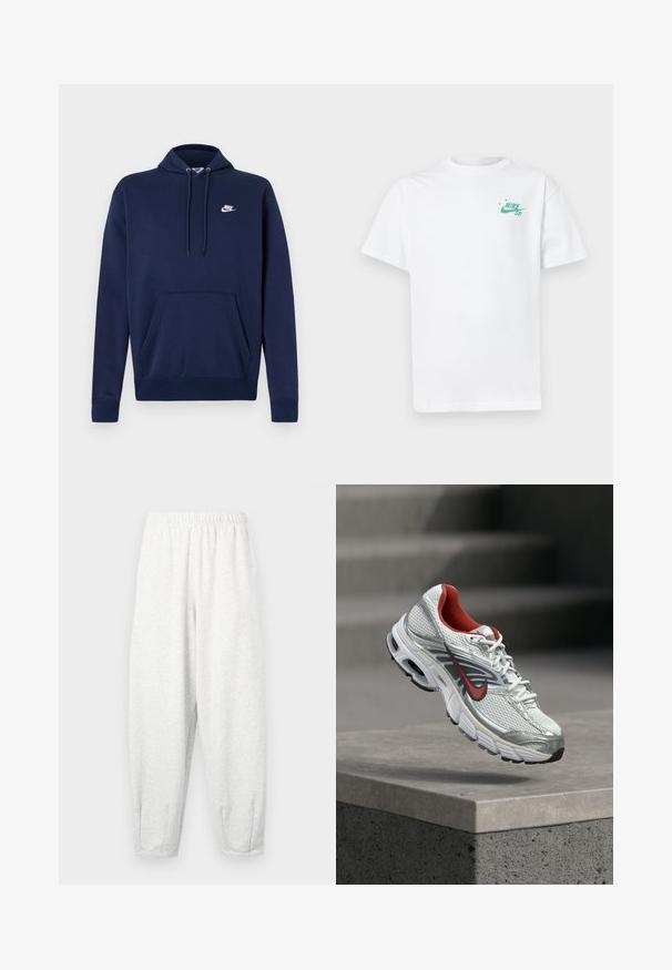 Marineblå hættetrøje i bomuldsblanding med en forlomme og et hvidt broderet logo på venstre bryst. Snor i hætten.; Hvid bomulds t-shirt med et lille grønt Nike-logo på venstre bryst. Korte ærmer og klassisk crew neck-design. Blød tekstur.; Lyse grå sweatsbukser lavet af blødt stof, med elastisk talje, tætsiddende ben og ankelmanchetter. Simpelt design uden mønstre.; Hvid og sølv Nike løbesko med røde accenter, der svæver over en betonkant og viser dens side- og såldetaljer.