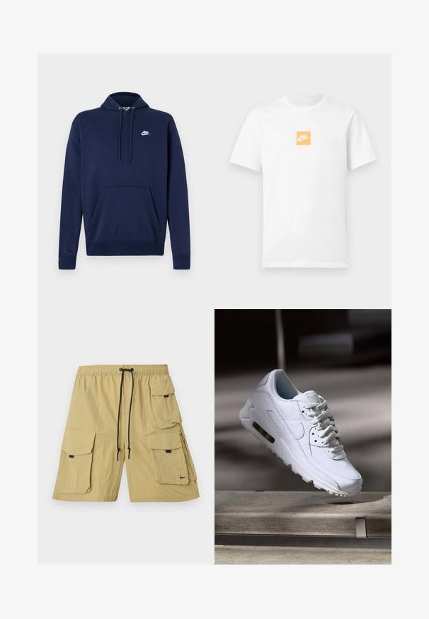 Marineblauer Kapuzenpullover aus Baumwollmischung, mit einer Fronttasche und einem weißen gestickten Logo auf der linken Brust. Kapuze mit Kordelzug.; Weißes Kurzarm-T-Shirt aus Baumwolle mit kleinem orangefarbenem Quadrat auf der Brust, das das weiße Nike-Logo und den Swoosh zeigt.; Beige Cargo-Shorts aus leichtem Material. Verfügt über mehrere Seitentaschen, einen elastischen Bund mit Kordelzug und ein kleines Logo.; Weiße Lederturnschuhe mit strukturierten Oberflächen, gepolstertem Kragen und sichtbarer Luftpolsterung in der Sohle. Verfügt über Schnürsenkel und ein minimalistisches Design.