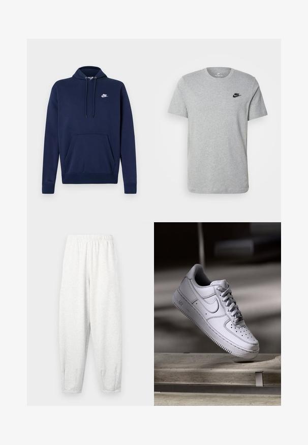 Marineblauer Kapuzenpullover aus Baumwollmischung, mit einer Fronttasche und einem weißen gestickten Logo auf der linken Brust. Kapuze mit Kordelzug.; Graues T-Shirt mit kurzen Ärmeln aus Baumwolle, mit einem schwarzen Nike-Logo auf der Brust und einem runden Ausschnitt. Minimalistisches Design ohne Muster.; Hellgraue Sweatpants aus weichem Stoff, mit einem elastischen Bund, schmal zulaufenden Beinen und Fußbündchen. Einfaches Design ohne Muster.; Weißer Nike Air Force 1 Sneaker aus Leder mit perforierter Zehenpartie, flachen Schnürsenkeln und strukturierter Gummisohle mit "AIR"-Branding an der Seite.
