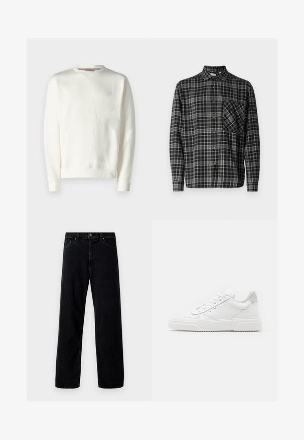Sudadera blanca con cuello redondo, puños acanalados y un sutil detalle de logotipo. Material suave con una textura lisa y un diseño minimalista.; Only & Sons Lumberjack ONSARCHER Lumberjack - Camisa - black; Hollister Co. Vaqueros baggy - washed black; Zapatillas de cuero blanca con un acabado suave, punta redondeada, cordones planos y una suela texturada. Acento de ante gris en el talón.