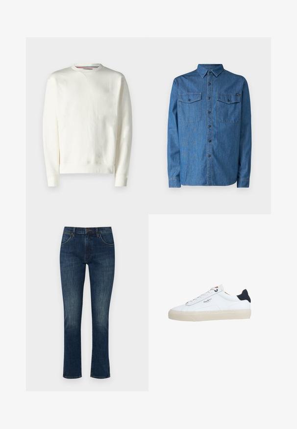 Sweat-shirt blanc avec un col rond, des poignets côtelés et un léger détail de logo. Matière douce avec une texture lisse et un design minimaliste.; Chemise en denim bleu moyen, à manches longues, avec un design boutonné, deux poches poitrine et un col. Logo sur le devant.; Jean en denim bleu foncé avec une coupe slim et une jambe droite. Comprend cinq poches et une fermeture à bouton. Légère décoloration sur les cuisses.; Baskets basses blanches avec semelle beige, lacets blancs, languette de talon noire et logo "Pepe Jeans London" sur le côté.