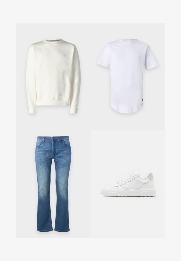 Hvid sweatshirt med rund hals, ribbede manchetter og en subtil logo-detalje. Blødt materiale med en glat tekstur og et minimalistisk design.; Hvid kortærmet t-shirt lavet af bomuld. Rund halsudskæring med en buet kant. Etiket synlig på nederste venstre side. Glat tekstur.; Blå denimjeans med en let udvidet ben, frontlukning med knapper og lynlås samt falmning på lår og knæ.; Hvide lædersneakers med en glat finish, rund tå, flade snørebånd og en struktureret sål. Grå ruskindsdetalje ved hælen.