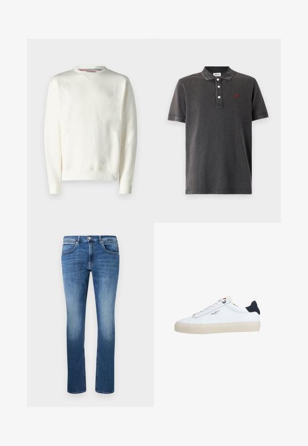 Hvid sweatshirt med rund hals, ribbede manchetter og en subtil logo-detalje. Blødt materiale med en glat tekstur og et minimalistisk design.; Mørkegrå polo t-shirt lavet af bomuld, med en tre-knaps knaplukning, korte ærmer og et lille rødt logo på brystet.; Blå denim jeans med lige snit, der har let falmning, fem lommer og en knap-og lynlås lukning. Syede detaljer langs sømmene.; Hvid lavtop-sneaker med beige sål, hvide snørebånd, sort hælkappe og "Pepe Jeans London"-logo på siden.