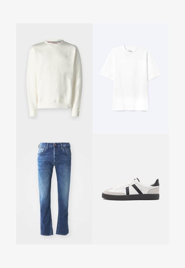Hvid sweatshirt med rund hals, ribbede manchetter og en subtil logo-detalje. Blødt materiale med en glat tekstur og et minimalistisk design.; Enkel hvid T-shirt med korte ærmer og rund hals med afslappet pasform, vist på en lys baggrund.; Mørkeblå denim jeans med lige ben-design, der har fem lommer, en brun knaplukning og diskret lys udtoning ved lårene.; Hvide sneakers med sorte og grå detaljer, med en tekstureret grå tåhætte, sort gummisål og flade hvide snørebånd. Rent design, minimalistisk stil.