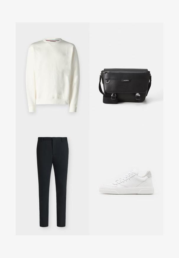 Sweat-shirt blanc avec un col rond, des poignets côtelés et un léger détail de logo. Matière douce avec une texture lisse et un design minimaliste.; Pantalon de costume noir coupe slim avec passants pour ceinture, fermeture éclair à l’avant et sans poches visibles, présenté sur un fond blanc uni.; Des baskets en cuir blanc avec une finition lisse, un bout rond, des lacets plats et une semelle texturée. Accents en daim gris au niveau du talon.; Sac messager Lacoste noir texturé avec bandoulière ajustable, rabat avant, poche zippée et fermetures à boucle en métal.