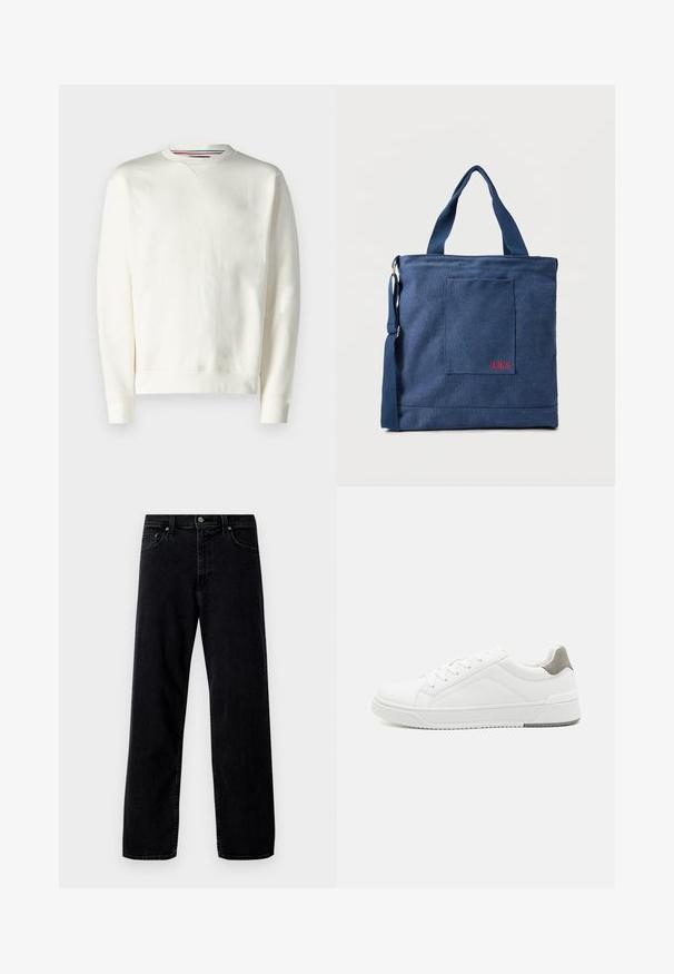 Witte sweatshirt met een ronde hals, geribde manchetten en een subtiele logodetail. Zacht materiaal met een gladde textuur en een minimaal ontwerp.; Hollister Co. Baggy jeans - washed black; Witte sneaker van glad leer met een ronde neus, minimalistisch ontwerp, grijze hielaccent en een geplaatste rubberen zool.; Blauwe canvas tas met voorvak en rode "O.N.S" borduring, voorzien van dubbele handvatten en een verstelbare schouderriem.