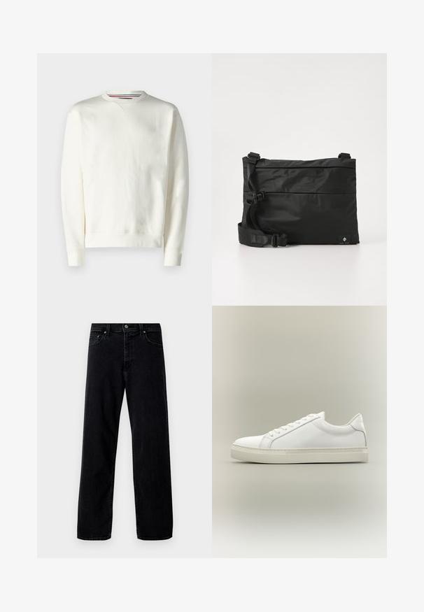 Hvid sweatshirt med rund hals, ribbede manchetter og en subtil logo-detalje. Blødt materiale med en glat tekstur og et minimalistisk design.; Hollister Co. Baggy jeans - washed black; Hvid lavtop sneaker med snørebånd foran og tyk sål, vist fra siden mod en neutral baggrund.; Sort nylon messenger-taske med justerbar rem, fladt design og et sideetiket med et logo. Glat tekstur og minimalistisk stil.