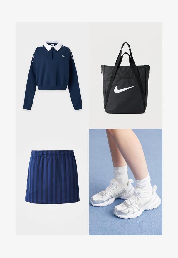 Sudadera corta azul marino de manga larga con cuello blanco, pequeño logo blanco de Nike swoosh en el pecho izquierdo y ribete blanco en los hombros.; Falda azul marino con rayas verticales, cinturilla elástica, de longitud hasta el muslo, hecha de tela ligera, textura suave.; Zapatillas deportivas blancas con superposiciones de malla y sintéticas, con un logo plateado de Nike, acompañadas de calcetines blancos acanalados sobre una superficie azul.; Bolsa tote de nylon negro con dos asas para el hombro, presenta un gran logo blanco de Nike, cierre con cremallera y un diseño rectangular elegante.