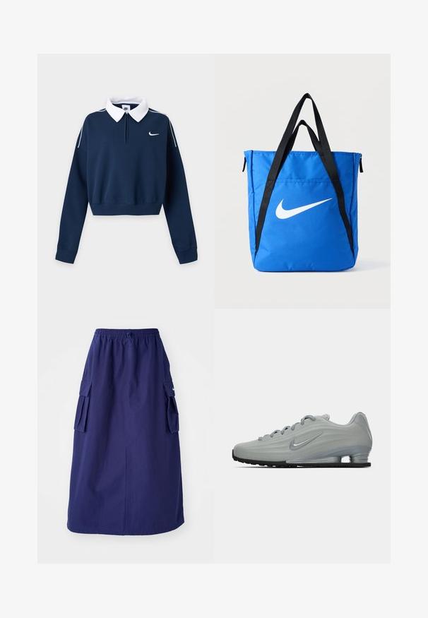 Navyblå cropped sweatshirt med lange ærmer, hvid krave, lille hvid Nike swoosh logo på venstre bryst og hvid piping på skuldrene.; Marineblå, mellemlang nederdel med elastisk talje, der har to sidelommer og et minimalistisk logodesign. Glat stofstruktur.; Sidelæns udsigt af en lysegrå Nike sneaker med snørebånd, et swoosh-logo og en gennemsigtig sål med komfortabel dæmpning på en ensfarvet baggrund.; Blå nylon shopper med sorte stropper, med en stor hvid Nike swoosh-logo. Lynlås i toppen og ekstra lomme på siden.