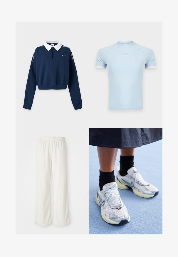 Navyblå cropped sweatshirt med lange ærmer, hvid krave, lille hvid Nike swoosh logo på venstre bryst og hvid piping på skuldrene.; Lyseblå atletisk t-shirt med korte ærmer lavet af glat stof. Har rund halsudskæring og subtilt Nike-logo på brystet med hvide detaljer.; Cremefarvede bukser med bred ben-design, lavet af letvægtsmateriale, med lodrette striber og en elastisk talje.; Hvide og sølv Nike sneakers med mesh-stof, reflekterende detaljer og en beige sål. Bæres med sorte sokker og står på en blå overflade.