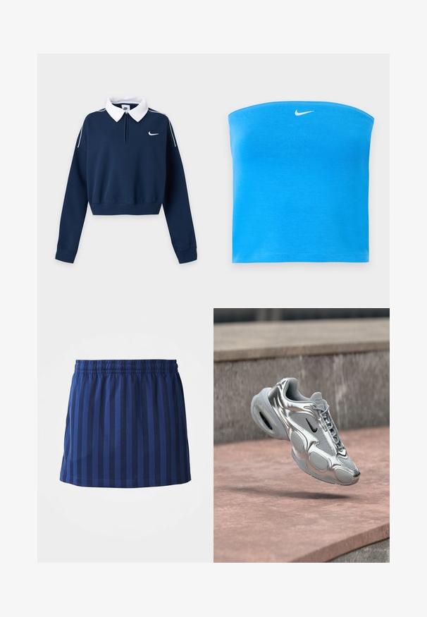 Laivastonsininen pitkähihainen lyhyt collegepaita, jossa valkoinen kaulus, vasemmassa rinnassa pieni valkoinen Nike swoosh -logo ja valkoiset reunat olkapäillä.; Kirkkaan sininen Nike olkaimeton putkitoppi, jossa valkoinen Swoosh-logo sijoitettuna keskitetysti lähelle yläreunaa.; Tummansininen hame, jossa on pystysuorat raidat, elastinen vyötärö, hartialle saakka ulottuva pituus, valmistettu kevyestä kankaasta, sileä rakenne.; Hopea- ja harmaa Nike Air -lenkkari, jossa musta swoosh, leijuu vaaleanpunertavan betonipinnan ja kivireunuksen taustalla.