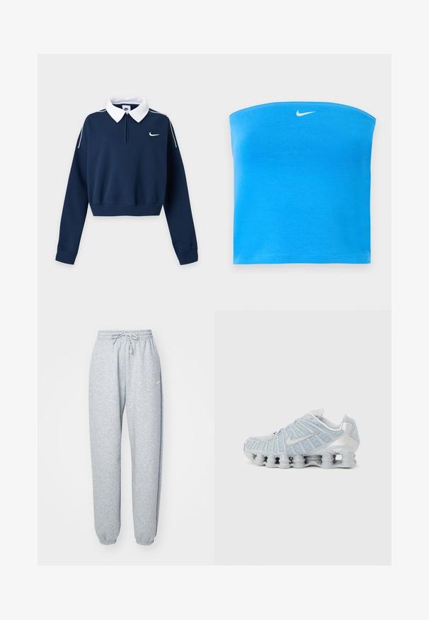 Navyblå cropped sweatshirt med lange ærmer, hvid krave, lille hvid Nike swoosh logo på venstre bryst og hvid piping på skuldrene.; Lyseblå Nike tube top uden stropper med hvid Swoosh-logo centreret nær den øverste kant.; Lysgrå sweatpants lavet af blød bomuldsblanding, med elastisk talje og snoretræk, tapered ben og ribbede manchetter. Minimal brandingdetalje.; Lysegrå atletiksko med segmenteret stødabsorberende sål og mesh-overdel, med en swoosh-logo på siden.