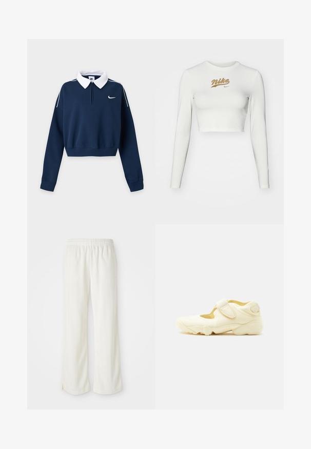 Tmavomodrá krátka mikina s dlhým rukávom, bielym golierom, malým bielym logom Nike swoosh na ľavej strane hrudníka a bielym lemovaním na pleciach.; Biele dlhé rukávy cropped tričko vyrobené z hladkej tkaniny, s potlačou zlatého loga Nike na hrudi a klasickým okrúhlym výstrihom.; Krémyové nohavice s širokým strihom, vyrobené z ľahkého materiálu, s vertikálnymi pruhmi a elastickým pásom.; Béžová športová topánka s hrubou podrážkou, dizajnom s výrezmi a dvoma nastaviteľnými suchými zipsami na bielom pozadí.