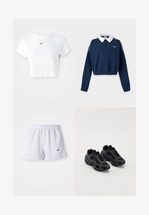 Tumesinine pikkade varrukatega lühendatud dressipluus valge kraega, vasakul rinnal väike valge Nike swoosh logo ja valged õmblused õlgadel.; Valge lühikeste varrukatega puuvillane lühike t-särk ümarate kaelustega, millel on rinna peal must Nike logo.; Valged, ribakujulised spordilühikesed püksid elastse vöökohtaga ja väike must Nike Logo alumises vasakus nurgas. Lihtne, minimalistlik disain.; Mustad mustad Nike spordijalatsid, millel on võrkpaneelid ja nahapaneelid, ainulaadsed lõikeavad ning pehmendatud kaelused. Küljel olevad läikivad aktsendid toovad esile kaasaegse disaini.