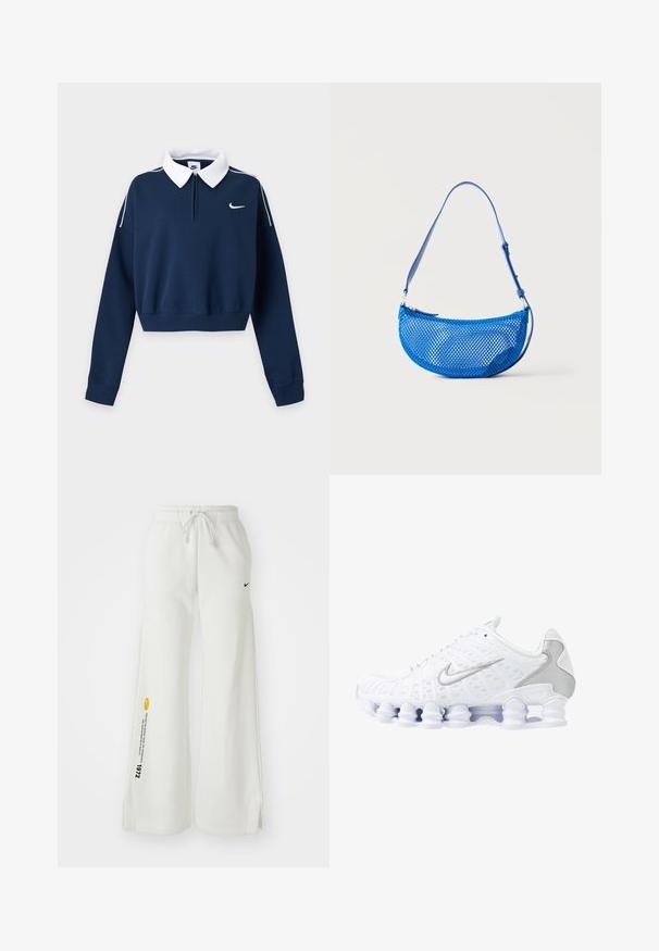 Dunkelblaues, langärmliges Cropped-Sweatshirt mit weißem Kragen, kleinem weißem Nike-Swoosh-Logo auf der linken Brust und weißer Paspel an den Schultern.; Weiße, weit geschnittene Sweatpants mit elastischem Bund, Kordelzug, seitlichen Schlitzen, schwarzem Nike-Logo und kontrastierendem gelbem Grafiktext.; Weiße Sportschuhe mit einem oberen Teil aus Mesh, silbernen Akzenten und einem einzigartigen Spiralsohlendesign. Verfügt über einen gepolsterten Schaft und eine Schnürung für optimalen Halt.; Blaue Schultertasche aus Netz mit verstellbarem Träger und Reißverschluss, vor einem schlichten weißen Hintergrund dargestellt.
