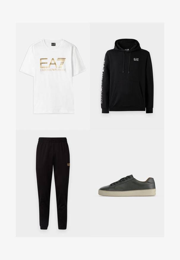 Sudadera con capucha negra fabricada en una mezcla de algodón. Presenta un bolsillo frontal, capucha con cordón y la marca EA7 en blanco en el pecho y la manga.; Camiseta de algodón blanca con un gran logo metálico dorado "EA7" y el texto "EMPORIO ARMANI" debajo, con mangas cortas y cuello redondo.; Pantalones de chándal negros con cintura elástica, puños ajustados y un pequeño logo amarillo en la parte superior de la pierna izquierda. Textura de tela suave y lisa.; Zapatilla baja de cuero negro con cordones negros y suela de goma color marfil, vista desde el lateral externo sobre un fondo blanco.