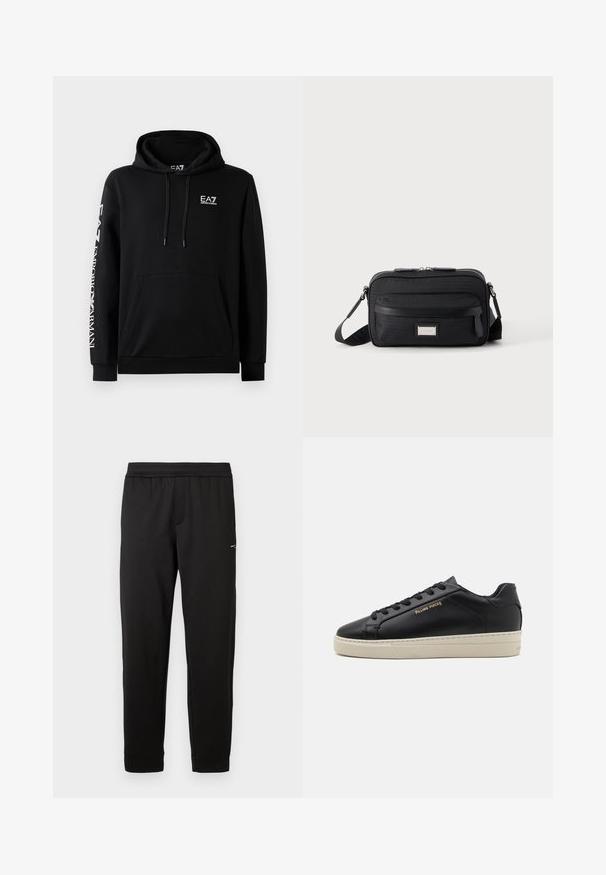 Sweatshirt à capuche noir en mélange de coton. Doté d'une poche avant, d'une capuche avec cordon de serrage et de l'emblème EA7 en blanc sur la poitrine et la manche.; Pantalon de sport noir en tissu doux. Taille élastique et poignets élastiques. Présente un petit logo sur le côté. Coupe droite.; Sneaker en cuir noir avec une finition lisse, semelle crème contrastante, bout arrondi, logo doré sur le côté et six œillets pour les lacets.; Sac bandoulière rectangulaire noir avec poche avant zippée, sangle réglable et plaque logo rectangulaire argentée sur fond uni.