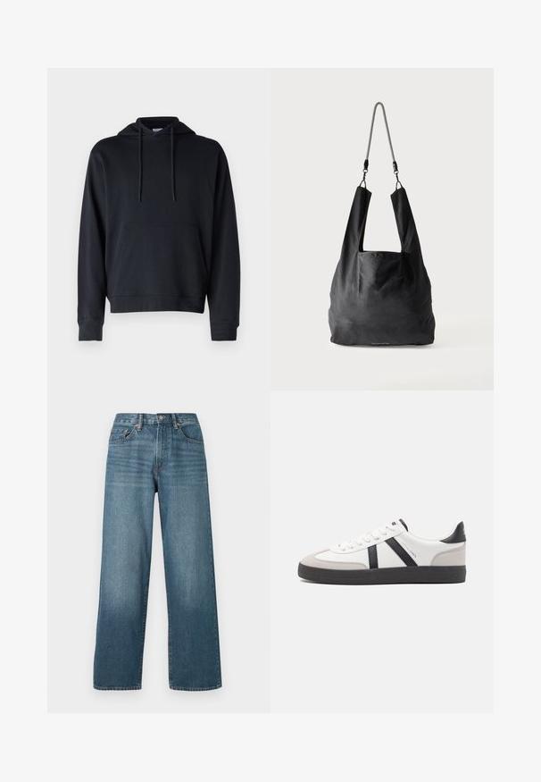 Schwarzer Hoodie aus einer Baumwollmischung, ausgestattet mit einer Kängurutasche, verstellbaren Kordeln sowie gerippten Bündchen und Saum. Einfaches Design.; Weite, dunkelblaue Denim-Jeans mit Knopfverschluss, Gürtelschlaufen und einem ausgewaschenen Textur. Mit fünf Taschen und Kontrastnähten.; Weiße Sneaker mit schwarz- und grau-aczenten, ausgestattet mit einer strukturierten grauen Zehenkappe, schwarzer Gummi-Sohle und flachen weißen Schnürsenkeln. Sauberes Design, minimalistische Stil.; Schwarze weiche Stofftragetasche mit breiten Griffen und einem dünnen schwarz-weißen geflochtenen Schulterriemen.