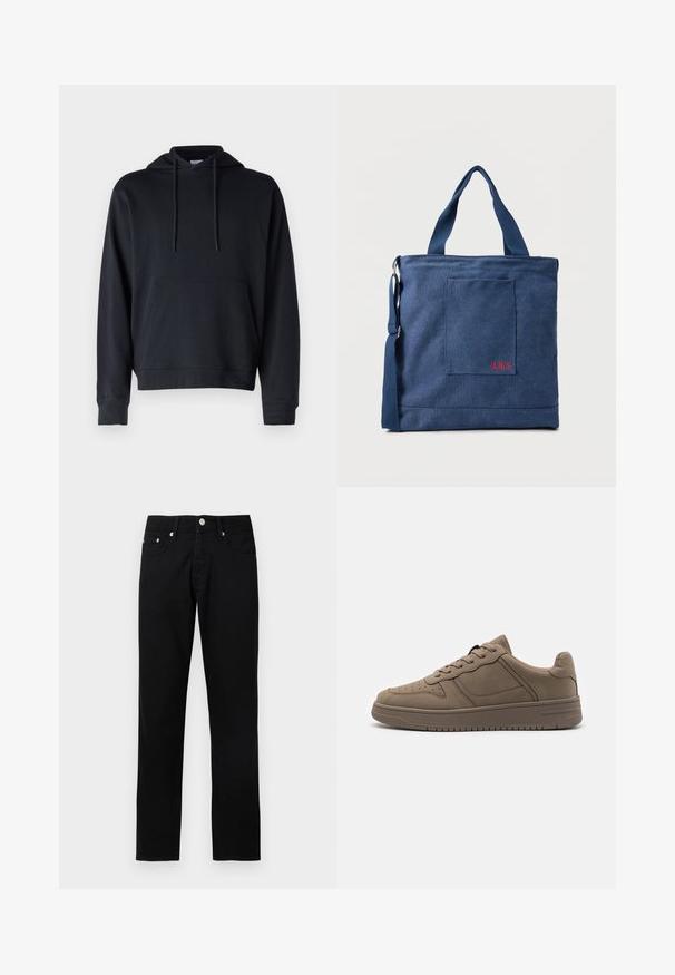 Schwarzer Hoodie aus einer Baumwollmischung, ausgestattet mit einer Kängurutasche, verstellbaren Kordeln sowie gerippten Bündchen und Saum. Einfaches Design.; Schwarze Jeans mit geradem Bein, vorderer Knopfleiste, Reißverschluss, Gürtelschlaufen und fünf Taschen auf hellgrauem Hintergrund.; Call it Spring FRESHH - Sneaker low - other grey; Blauer Canvas-Einkaufstasche mit Vordertasche und roter "O.N.S" Stickerei, ausgestattet mit zwei Griffen und einem verstellbaren Schulterriemen.