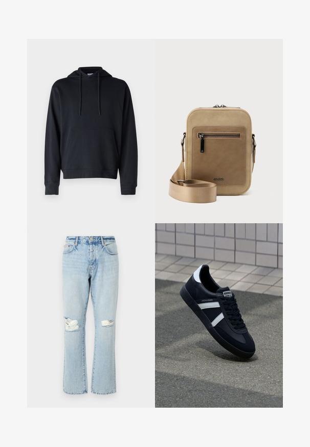 Sort hoodie lavet af en blanding af bomuldsstoffer, med en kengurulomme, justerbare snore og ribmekanter ved håndleddene og kanten. Simpelt design.; Lyseblå slidte jeans med huller ved knæene, lige ben, fem lommer og denimstof med en falmet tekstur.; Sort lædersneaker med hvide striber, tekstureret gummisål og snørrebånd foran. Har et brandet mærke på tungen.; Lille beige crossbody-taske med lynlåslomme foran, metal ALDO-logo, justerbar bred rem og rundet rektangulær form på hvid baggrund.
