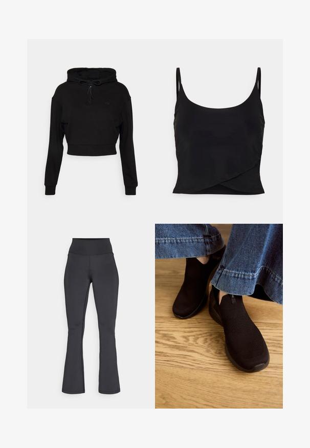 Even&Odd active by Zalando Hættetrøje - black; Even&Odd active by Zalando Top - black; Sorte højtaljede flare leggins med synlige syninger, lavet af strækbart, glat stof, vist fladt mod en hvid baggrund.; Sorte slip-on sko med en tekstureret strikoverdel og elastisk åbning. Rund tåform og lavprofil polstret sål, båret med denimkant.