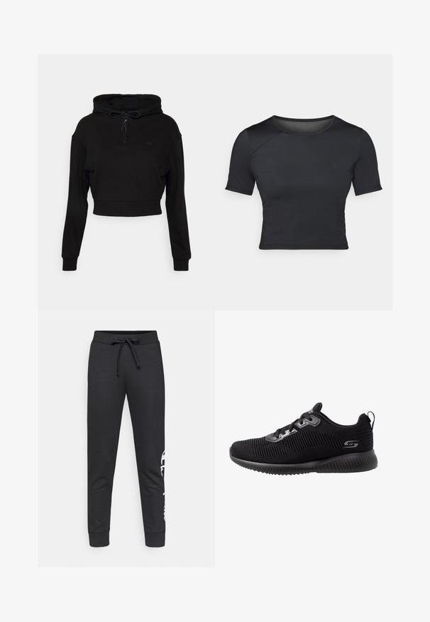 Even&Odd active Φούτερ με κουκούλα - black; Μαύρο κοντομάνικο cropped top φτιαγμένο από λείο, ελαστικό ύφασμα με στρογγυλή λαιμόκοψη και διακριτές ραφές στους ώμους.; Μαύρο βαμβακερό παντελόνι φόρμας με κορδόνι στη μέση, στενό σε όλο το μήκος, με λευκό λογότυπο τυπωμένο στη μία πλευρά. Λείο ύφασμα.; Μαύρα αθλητικά παπούτσια με υφασμάτινη επάνω επιφάνεια με υφή, σχέδιο με κορδόνια, επενδυμένο κολάρο και μαλακή ελαστική σόλα με ρυτιδωτές λεπτομέρειες.