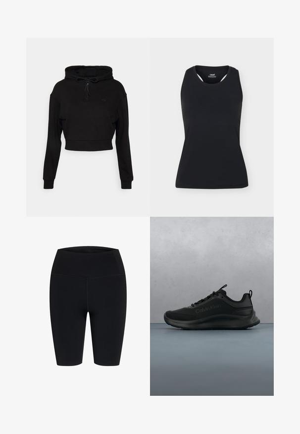 Even&Odd active by Zalando Φούτερ με κουκούλα - black; Μαύρο αμάνικο αθλητικό φανελάκι με στρογγυλή λαιμόκοψη και πλάτη τύπου racerback, παρουσιασμένο σε ανοιχτό μονόχρωμο φόντο.; Ξεχωριστό, μαύρο, ελαστικό σορτς μήκους έως το γόνατο με επίπεδα ραφές, σχεδιασμένο για αθλητική ή καθημερινή χρήση.; Μαύρο αθλητικό παπούτσι Calvin Klein με παχιά σόλα που αιωρείται πάνω από ξύλινα πλακάκια με μικρές πέτρες, θολό τοίχο και πρασινάδα στο φόντο.