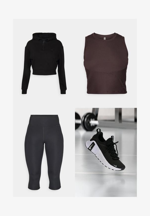 Even&Odd active by Zalando Kapuzenpullover - black; Dunkelbraunes, geripptes Crop-Top mit breiten Trägern, rundem Ausschnitt und nahtlosem Design. Verfügt über eine figurbetonte Silhouette und dehnbare Stoffe für maximalen Komfort.; Schwarze Capri-Leggings aus dehnbarem Stoff. Hohe Taille mit seitlichen Nähten und versäubertem Saum, glatte Textur, keine sichtbaren Muster.; Schwarzer Sportschuh mit strukturiertem Stoffobermaterial, weißer Sohle und auffälligem Schnürsystem. Verfügt über ein Nike-Logo und ein weiches, gepolstertes Design.