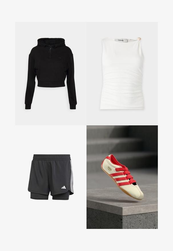 Even&Odd active Hættetrøje - black; Hvid ærmeløs tætsiddende top med side-ruching og en snoet knudedetalje på den ene skulder, mærket Topshop.; Sorte atletiske shorts med indre lag, elastisk talje og hvide tre striber på siderne, der har et lille hvidt logo. Glat tekstur.; Rød og creme atletiksko med tre røde striber, blød overdel, gummisål og velcrolukninger. Har et slankt, lavprofildesign.