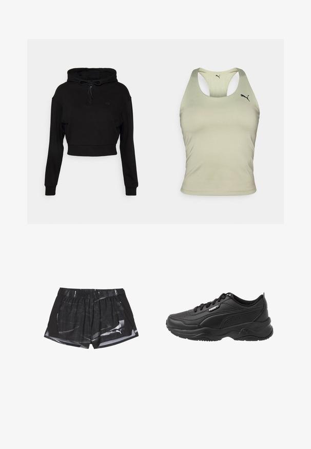 Even&Odd active Hoodie - black; Lichtgroene sportieve tanktop met een slank ontwerp, voorzien van een ronde halslijn en racerback-stijl. Klein zwart logo aan de voorkant.; Zwarte sportshorts met een grijs abstract patroon, elastische tailleband en zijopeningen voor ventilatie, gemaakt van lichtgewicht stof.; Zwarte sportschoenen van glad leer, met een gevoerde kraag, ronde neus, veters en het Puma-logo op de zijkant.