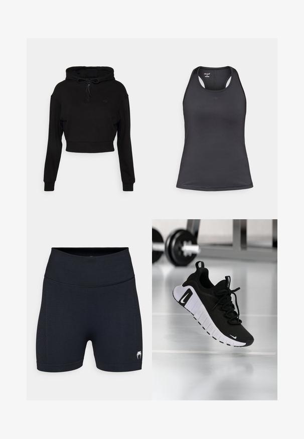 Even&Odd active by Zalando Hættetrøje - black; Sort atletik tanktop med racerback-design, lavet af glat, strækbart stof med få sømme og logo på forsiden.; Sorte atletiske shorts med en glat stof og mesh-sidedele. Har en bred talje og et lille logo på det nederste ben.; Sort atletiksko med en tekstureret stofoverdel, hvid sål og fremtrædende snøresystem. Indeholder en Nike-logo og et blødt, polstret design.