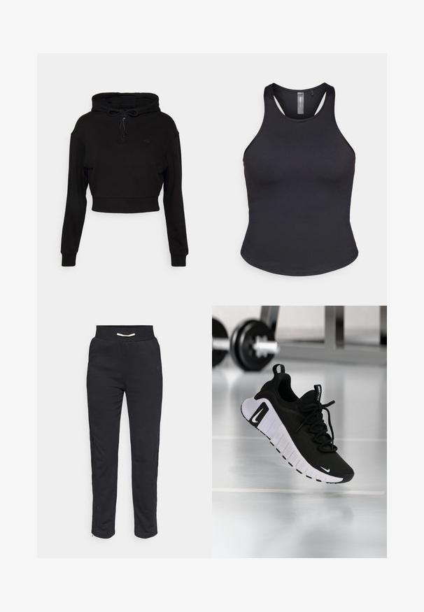 Even&Odd active by Zalando Jersey con capucha - black; ONLY Play ONPSANA SHORT - Top - black; Pantalones deportivos negros de tejido suave, con una cinturilla acanalada y franjas laterales, y un zipper en el dobladillo para un ajuste ajustable.; Zapatilla deportiva negra con parte superior de tela texturizada, suela blanca y sistema de cordones prominente. Presenta un logo de Nike y un diseño suave y acolchado.