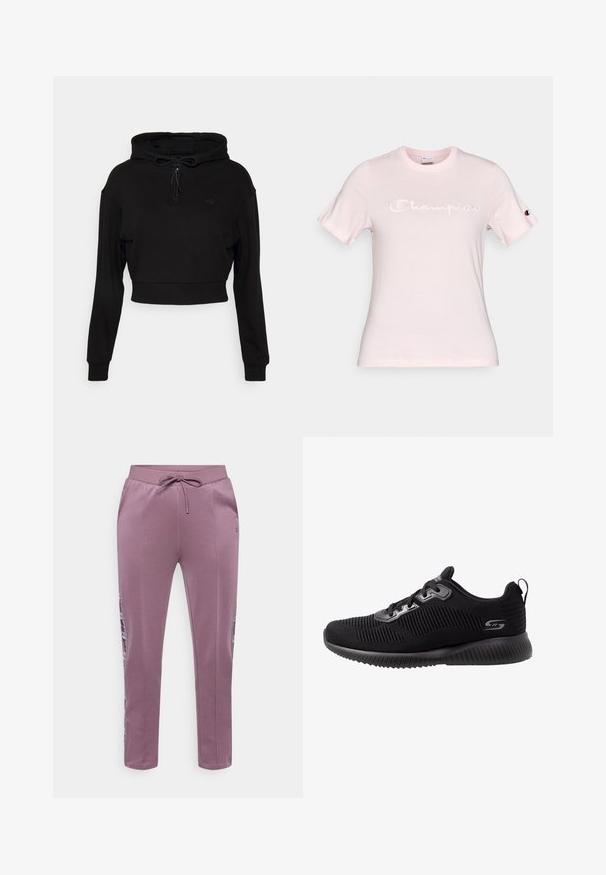Even&Odd active by Zalando Φούτερ με κουκούλα - black; Ροζ βαμβακερό t-shirt με κεντημένο το κείμενο "Champion" στο μπροστινό μέρος και μικρό λογότυπο στο αριστερό μανίκι; κοντά μανίκια και στρογγυλή λαιμόκοψη.; Μωβ αθλητικό παντελόνι τζόγκινγκ με ελαστική μέση με κορδόνι, λεπτομέρειες πλαϊνής πιέτας και στενή γραμμή στο πόδι. Κατασκευασμένο από μαλακό, ελαστικό ύφασμα για άνεση.; Μαύρα αθλητικά παπούτσια με υφασμάτινη επάνω επιφάνεια με υφή, σχέδιο με κορδόνια, επενδυμένο κολάρο και μαλακή ελαστική σόλα με ρυτιδωτές λεπτομέρειες.