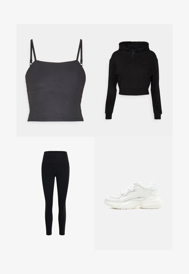 Even&Odd active by Zalando Sweat à capuche - black; Camisole noire côtelée avec des bretelles fines et réglables et un design ajusté, présentant une texture lisse et un décolleté droit.; Girlfriend Collective FLOAT HIGH RISE LEGGING 7/8 - Leggings - black; Baskets blanches épaisses avec semelle épaisse, fermeture à lacets sur le devant et cuir synthétique lisse avec des détails subtils de couture.