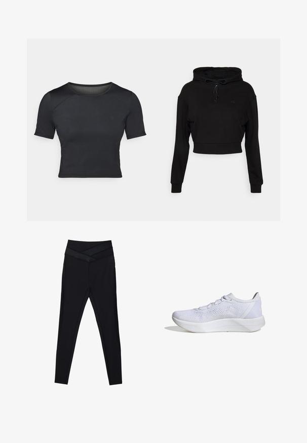 Even&Odd active by Zalando Hoodie - black; Zwarte korte mouwen crop top gemaakt van glad, rekbaar materiaal met een ronde halslijn en subtiele naaddetails op de schouders.; Zwarte legging met hoge taille, brede, gekruiste tailleband en een slanke pasvorm door de benen, op een witte achtergrond.; Witte lichte hardloopschoen met ademend mesh bovenwerk, dikke gevoerde zool en vetersluiting, zijaanzicht op witte achtergrond.