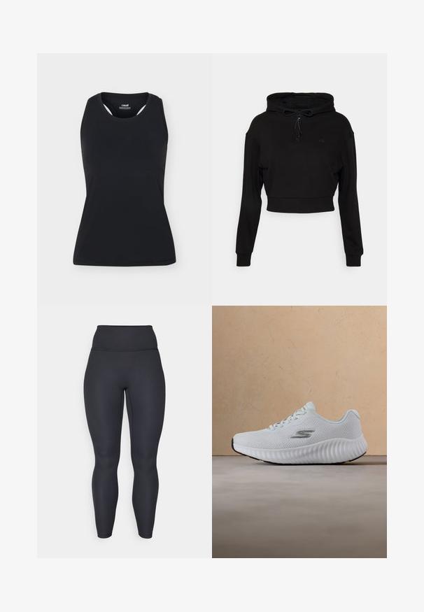 Even&Odd active Sweat à capuche - black; Débardeur de sport noir sans manches avec encolure ronde et dos nageur, présenté sur un fond uni clair.; Leggings noires côtelées taille haute avec un design ajusté, une texture lisse et une coupe longue. Dotés d'une ceinture large pour un meilleur maintien.; Baskets athlétiques blanches avec semelle texturée et dessus en maille, arborant un logo "S" argenté, flottant au-dessus d'un tapis beige et d'un fond de canapé.