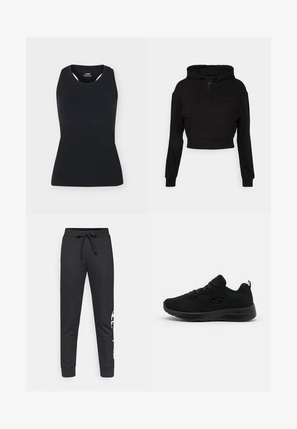 Even&Odd active Hættetrøje - black; Sort ærmeløs sportstanktop med rund halsudskæring og bryderryg, vist på ensfarvet lyst baggrund.; Sorte joggingbukser lavet af bomuld med snøre i taljen, tilspidsede ben og en hvid logo printet på den ene side. Glat tekstur.; Sorte atletiske sneakers med en mesh overdel, polstret krave, snørebåndsdesign og en tekstureret gummisål. Enkel og strømlinet silhuet.