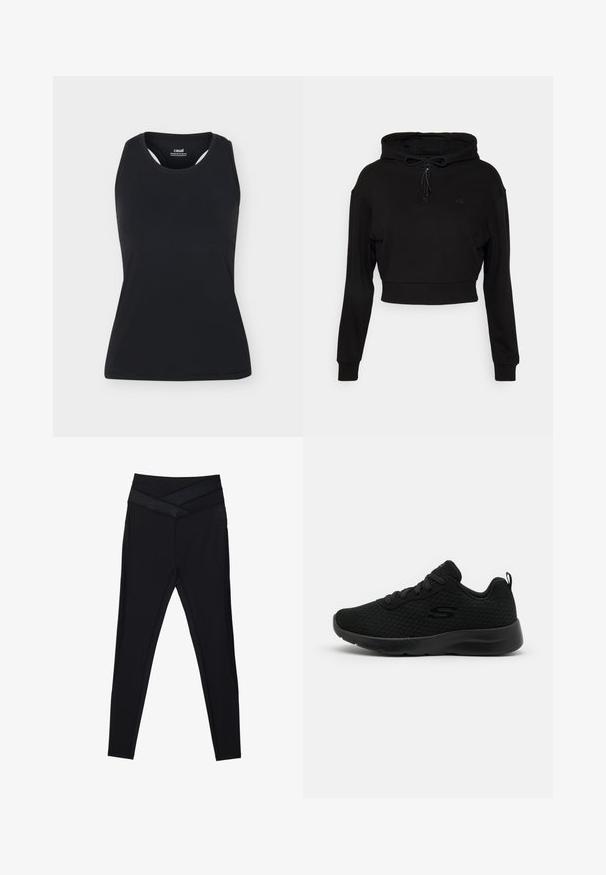 Even&Odd active Hættetrøje - black; Sort ærmeløs sportstanktop med rund halsudskæring og bryderryg, vist på ensfarvet lyst baggrund.; Sorte leggings med høj talje og bred, krydset taljebånd samt tætsiddende pasform langs benene på en hvid baggrund.; Sorte atletiske sneakers med en mesh overdel, polstret krave, snørebåndsdesign og en tekstureret gummisål. Enkel og strømlinet silhuet.
