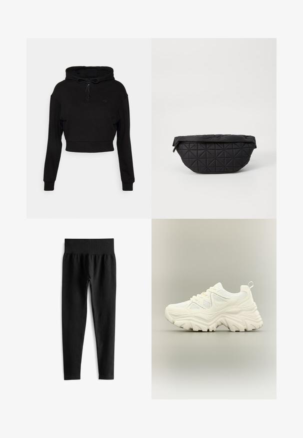 Even&Odd active by Zalando Hættetrøje - black; Sorte ribbede leggings med en bred elastisk talje, der har en tætsiddende silhuet og en glat tekstur. Ingen synlig hardware eller mønstre.; Hvid chunky sneaker med tyk tekstureret sål, mesh paneler, snørelukning foran og trækstrop ved hælen på en neutral baggrund.; Sort quiltet taske med en blød, polstret tekstur og et vinkelret diamantmønster, med en buet silhuet og lynlåslukning.