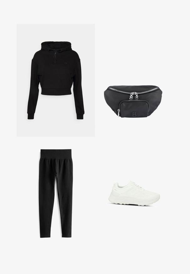 Even&Odd active by Zalando Hoodie - black; Zwarte geribde leggings met een brede elastische tailleband, met een aansluitende pasvorm en een gladde textuur. Geen zichtbare hardware of patronen.; Witte sportschoen met een gestructureerde bovenkant en meshpanelen, vetersluiting, gevoerde zool en subtiele branding op de hiel.; Zwarte nylon heuprugzak met een hoofdvak met rits en een voorvak, voorzien van zilveren ritsen en een verhoogd logo met de letter "B".